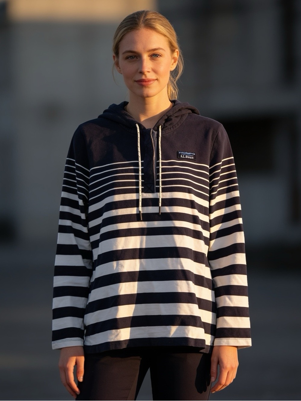 L.L.Bean Navy White Striped Hooded Pullover Top Small